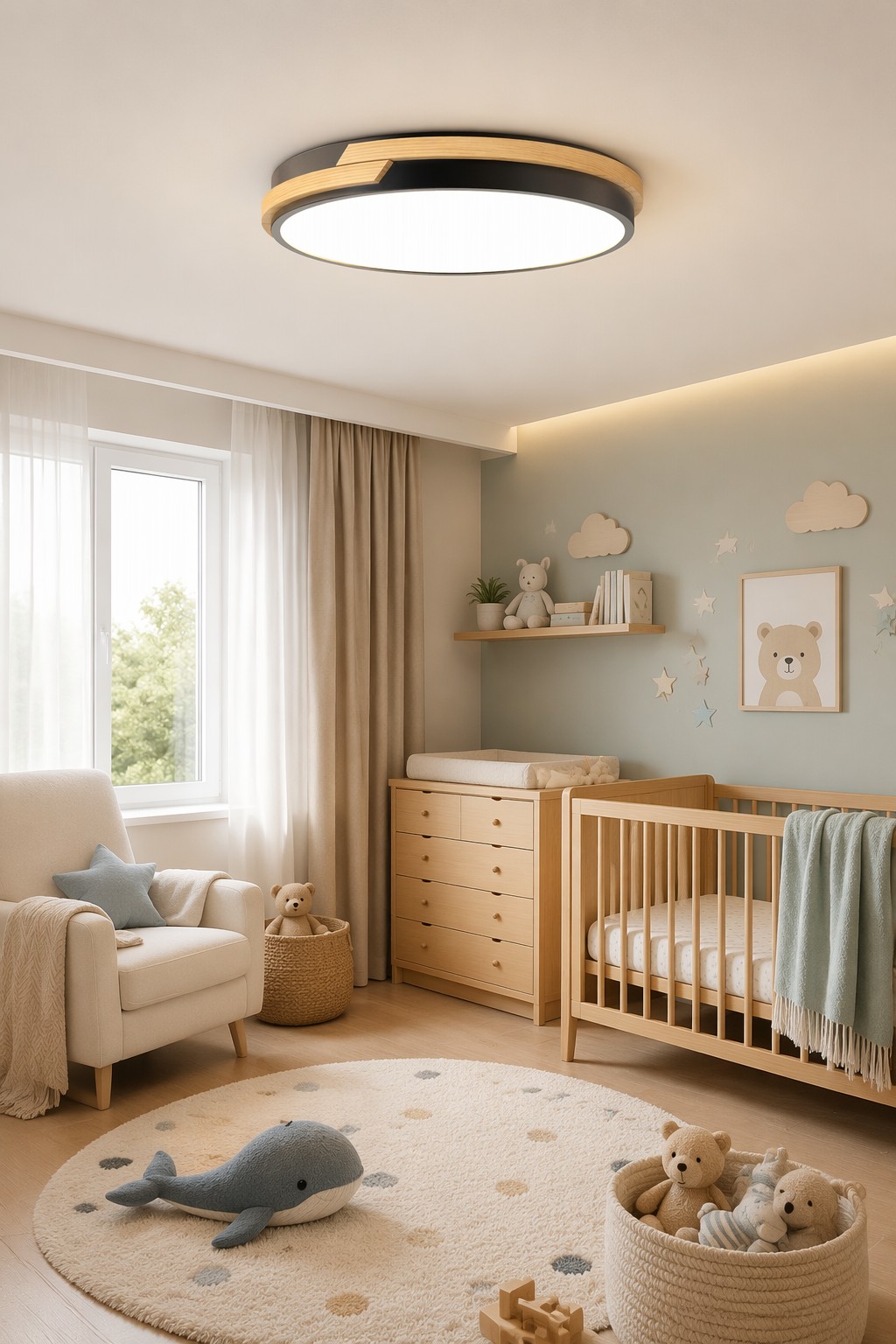 Round Wood Accent Ceiling Light - Slim Nordic LED Fixture for Modern Bedrooms and Entryways – Flush Mount Ceiling Lights (view 5)