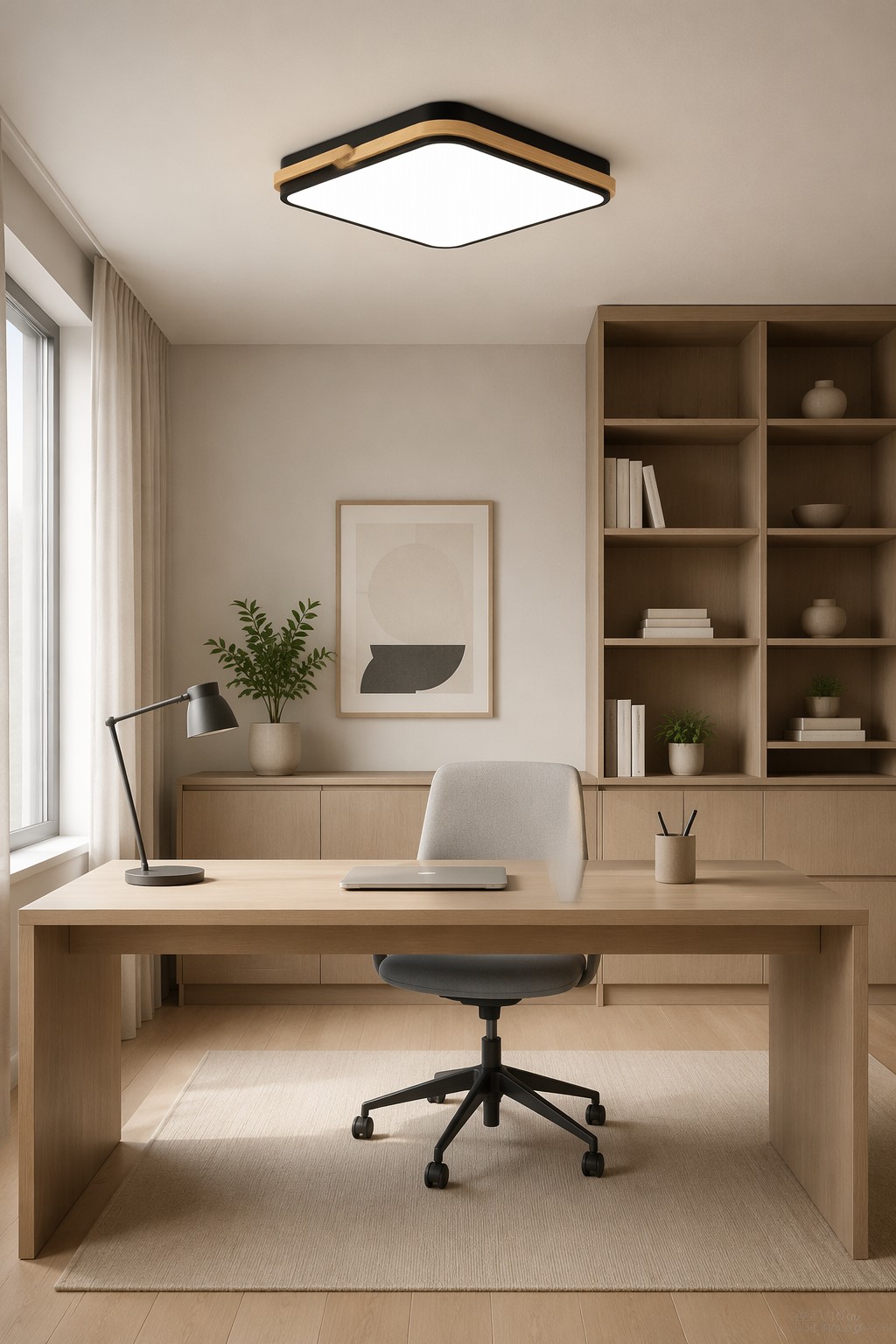 Square Geometric Wood Ceiling Light - Minimalist Flush Mount for Kitchens, Libraries, and Modern Workspaces – Flush Mount Ceiling Lights (view 5)