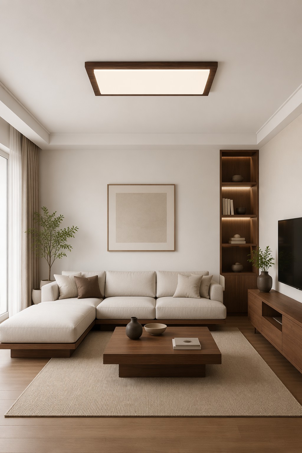 Modern Rectangular Walnut Wood LED Ceiling Light - 98W Minimalist Flush Mount – Flush Mount Ceiling Lights (view 2)