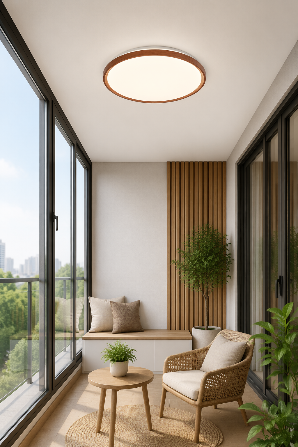 Round Walnut Wood LED Ceiling Lamp - Φ500mm Minimalist Japanese Style Flush Mount – Flush Mount Ceiling Lights (view 5)