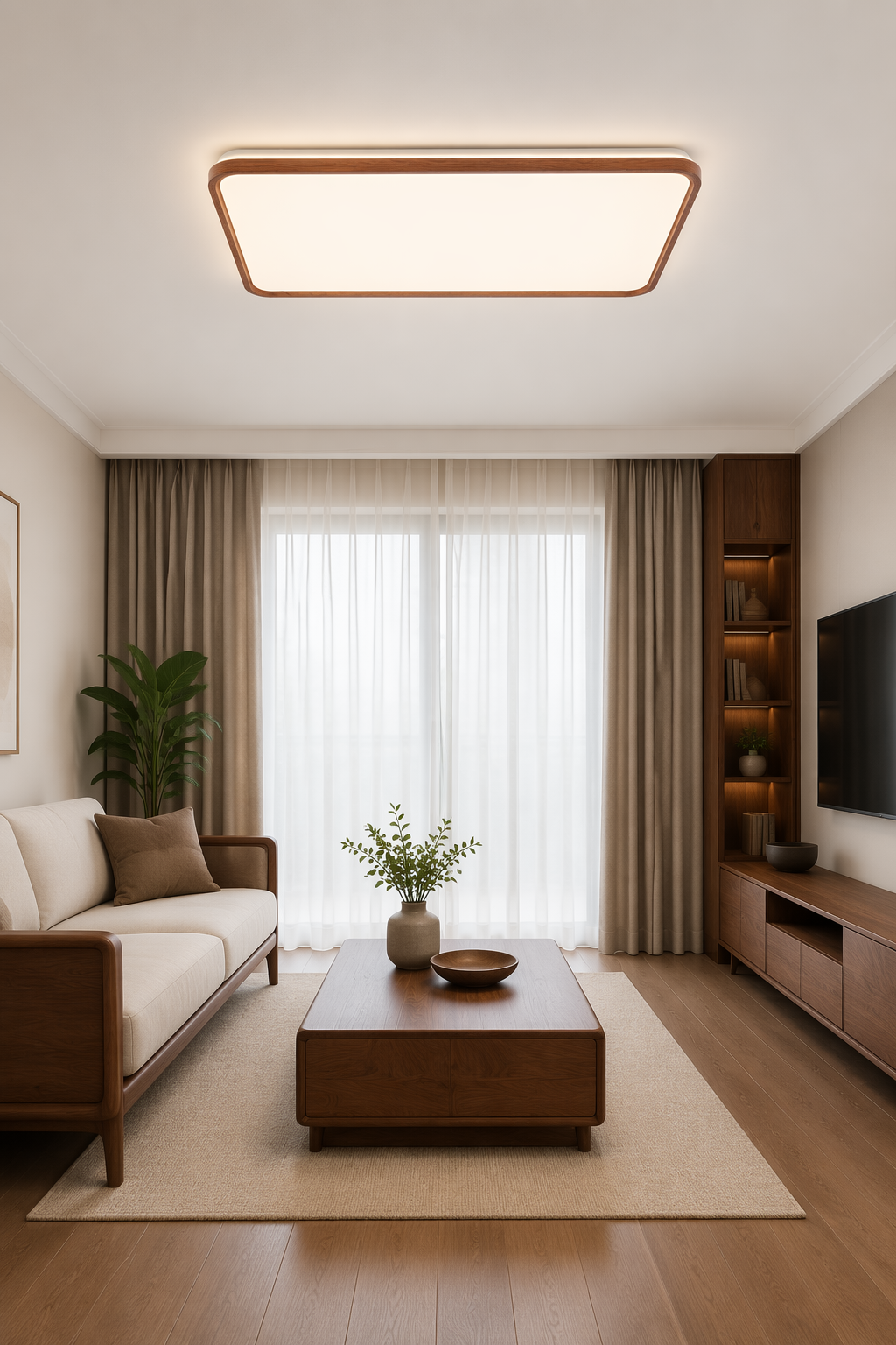 Modern Rectangular Walnut Wood LED Ceiling Light - 120W Large Minimalist Flush Mount – Flush Mount Ceiling Lights