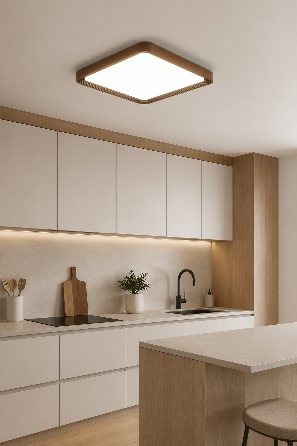 Square Nordic Wood LED Ceiling Lamp - 48W Tiered Wood Frame Panel Light – Flush Mount Ceiling Lights (view 3)
