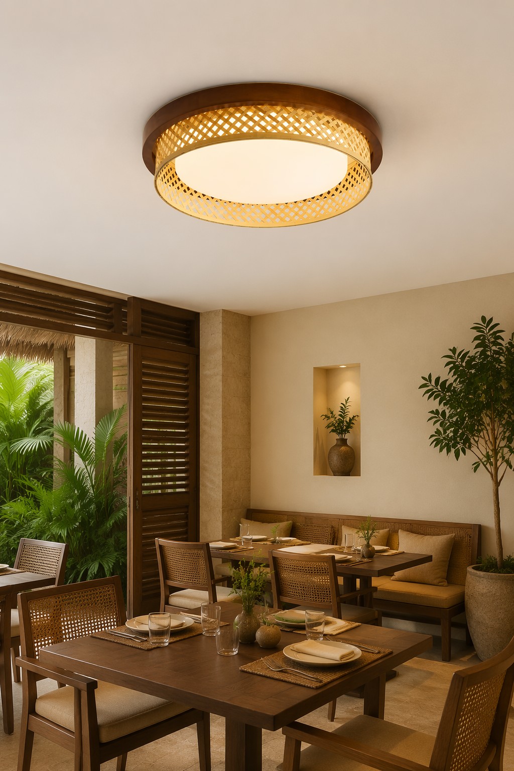 Zen Style Diamond Bamboo Weave LED Ceiling Light - Natural Wood Frame Flush Mount – Flush Mount Ceiling Lights (view 2)