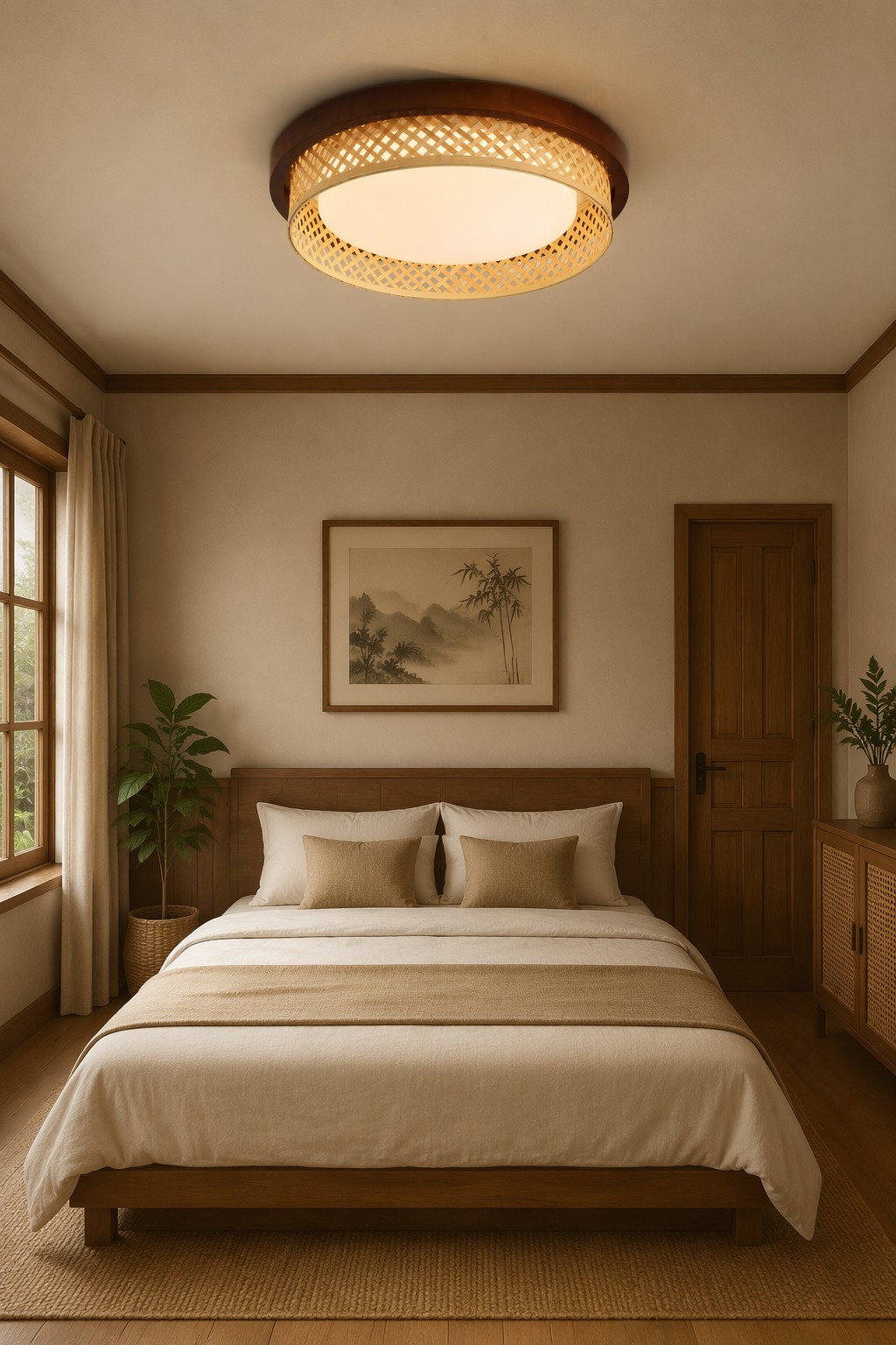 Zen Style Diamond Bamboo Weave LED Ceiling Light - Natural Wood Frame Flush Mount – Flush Mount Ceiling Lights (view 3)