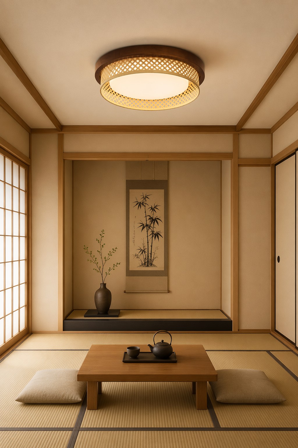 Zen Style Diamond Bamboo Weave LED Ceiling Light - Natural Wood Frame Flush Mount – Flush Mount Ceiling Lights (view 4)