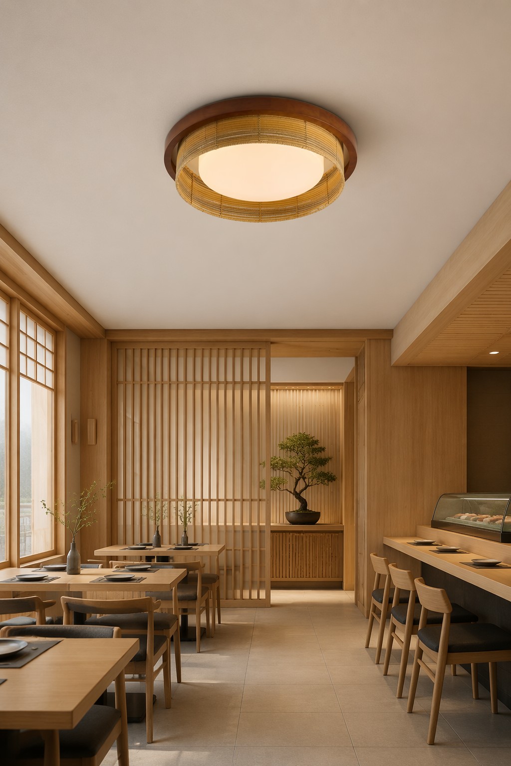Modern Japanese Vertical Rib Bamboo Weave Ceiling Light - Eco-Natural LED Flush Mount – Flush Mount Ceiling Lights