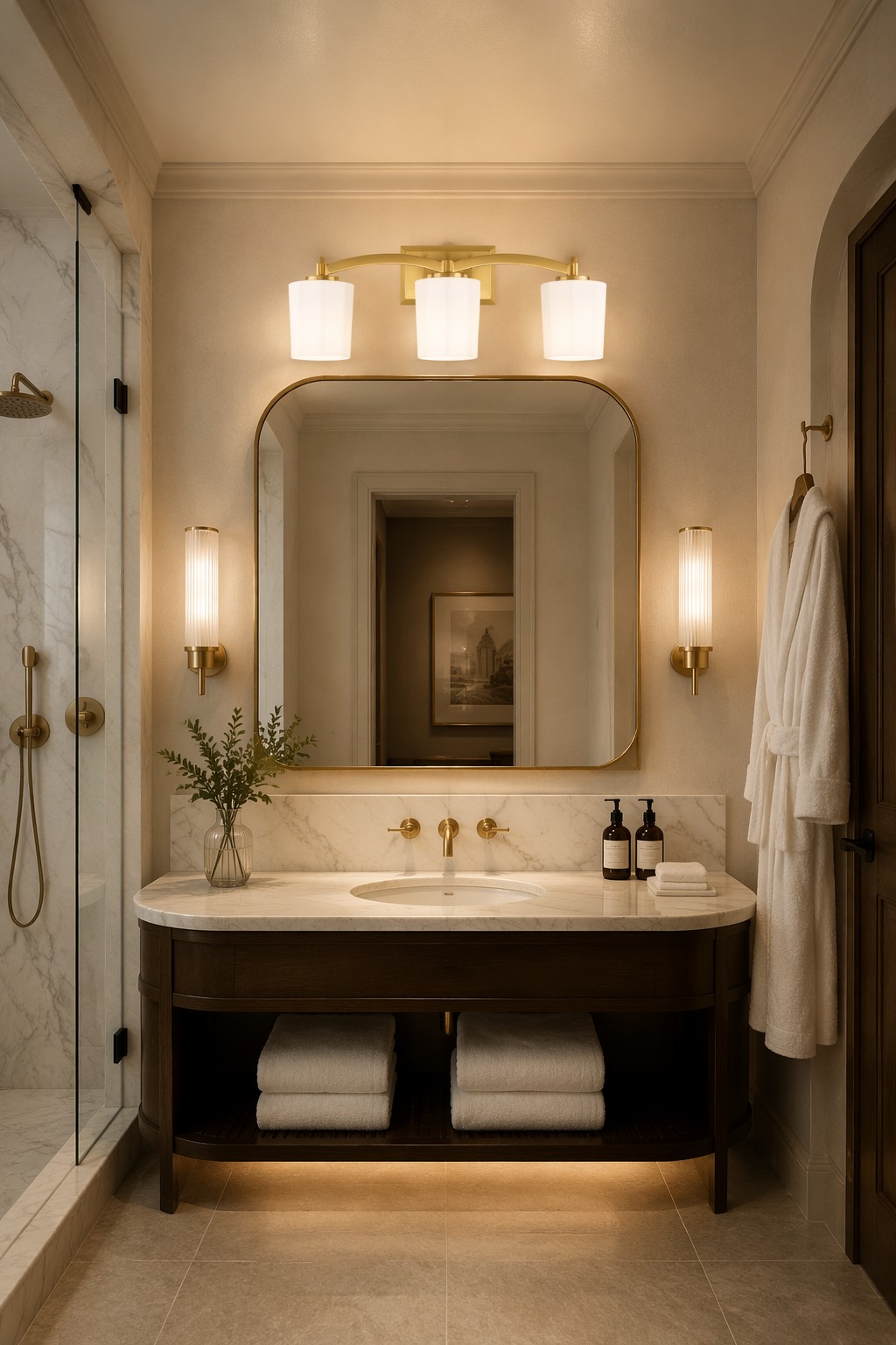 Modern 3-Light Glass Wall Sconce with Curved Metal Frame | Hotel Vanity Lighting – Modern LED Mirror Lights (view 5)