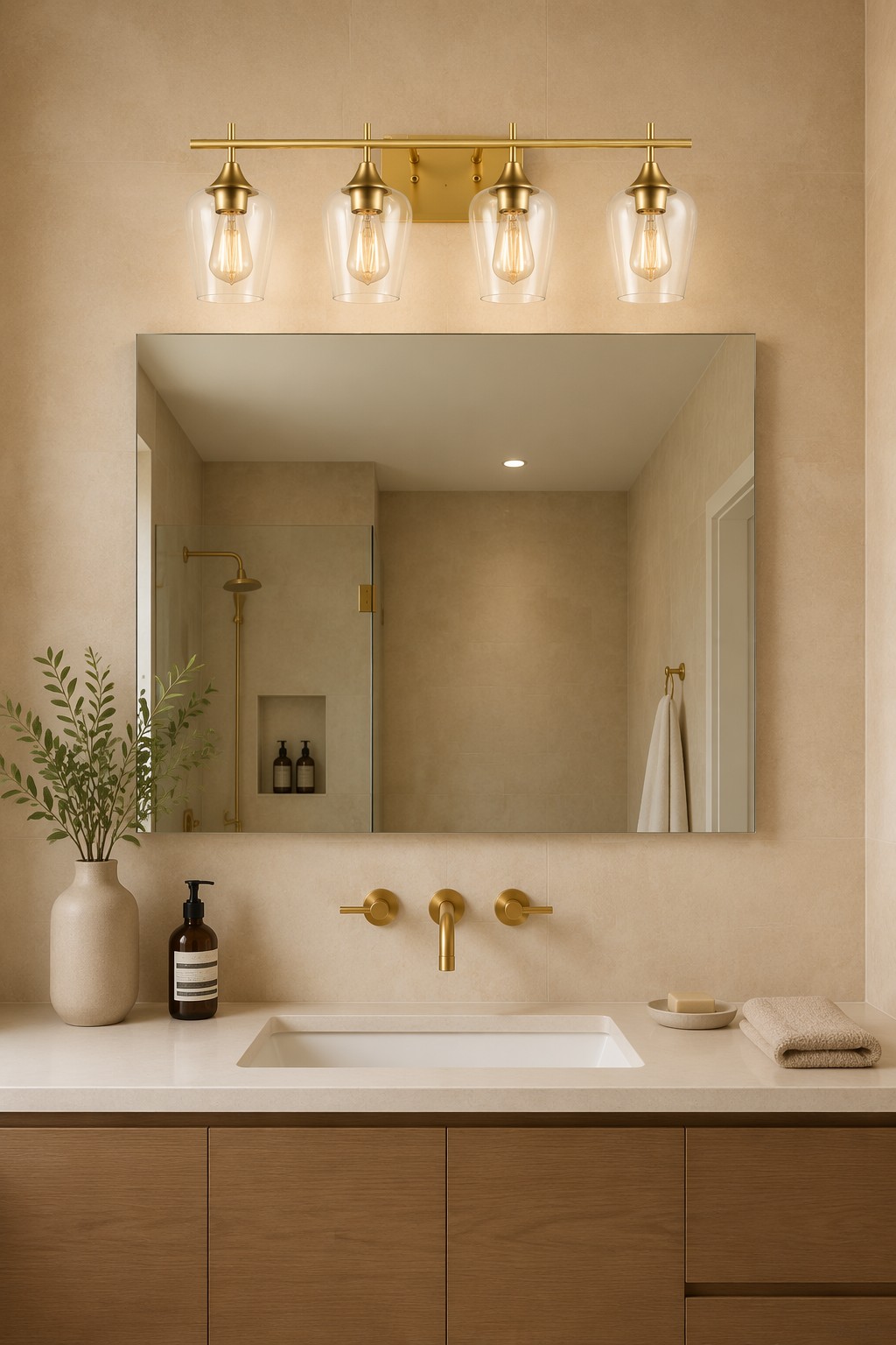 Modern 4-Light Glass Shade Bathroom Vanity Wall Sconce | Brass & Black Linear Wall Lamp – Modern LED Mirror Lights