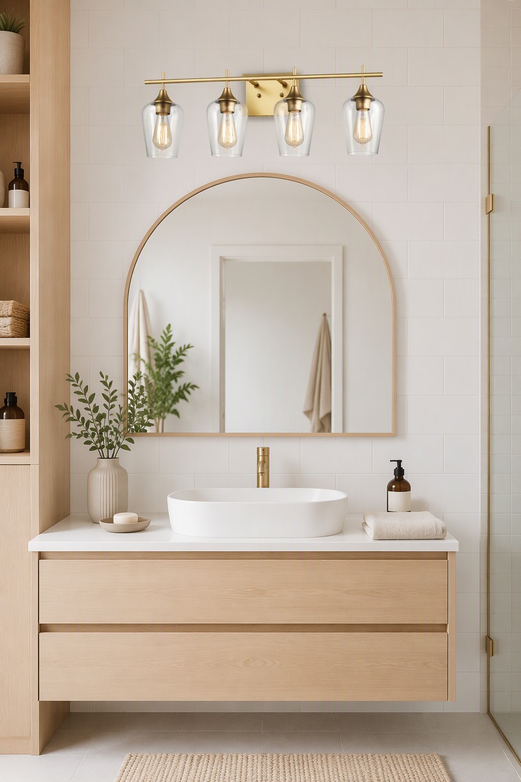 Modern 4-Light Glass Shade Bathroom Vanity Wall Sconce | Brass & Black Linear Wall Lamp – Modern LED Mirror Lights (view 5)