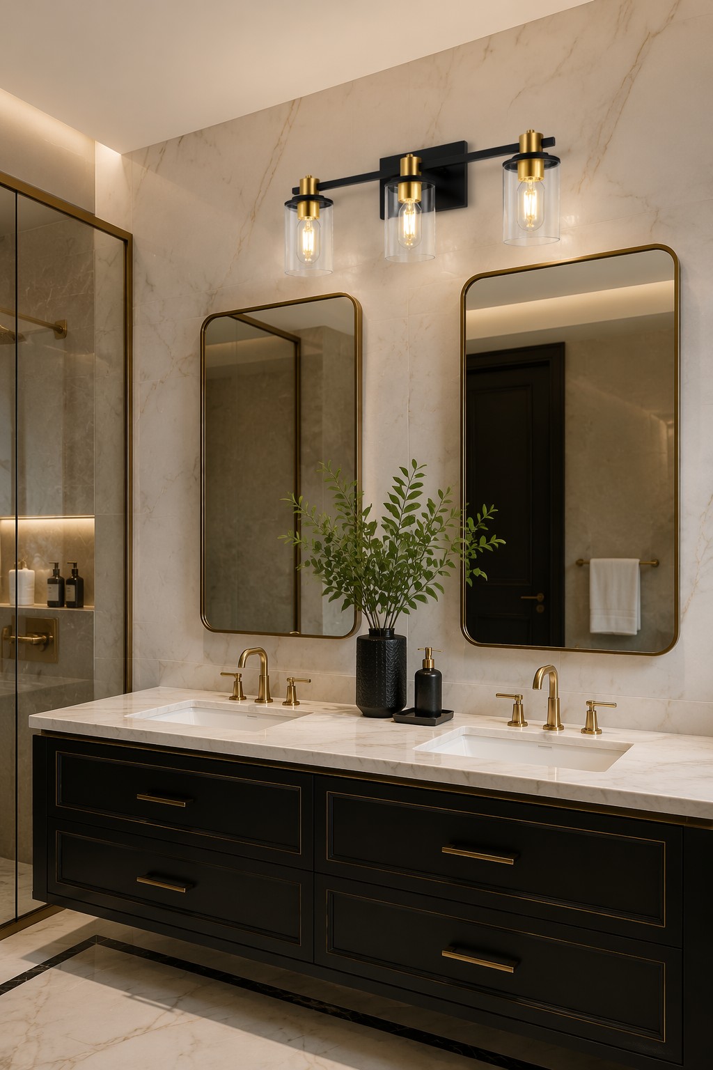 Modern 3-Light Black & Brass Glass Wall Lamp | Contemporary Vanity Sconce – General Wall Lamps (view 4)