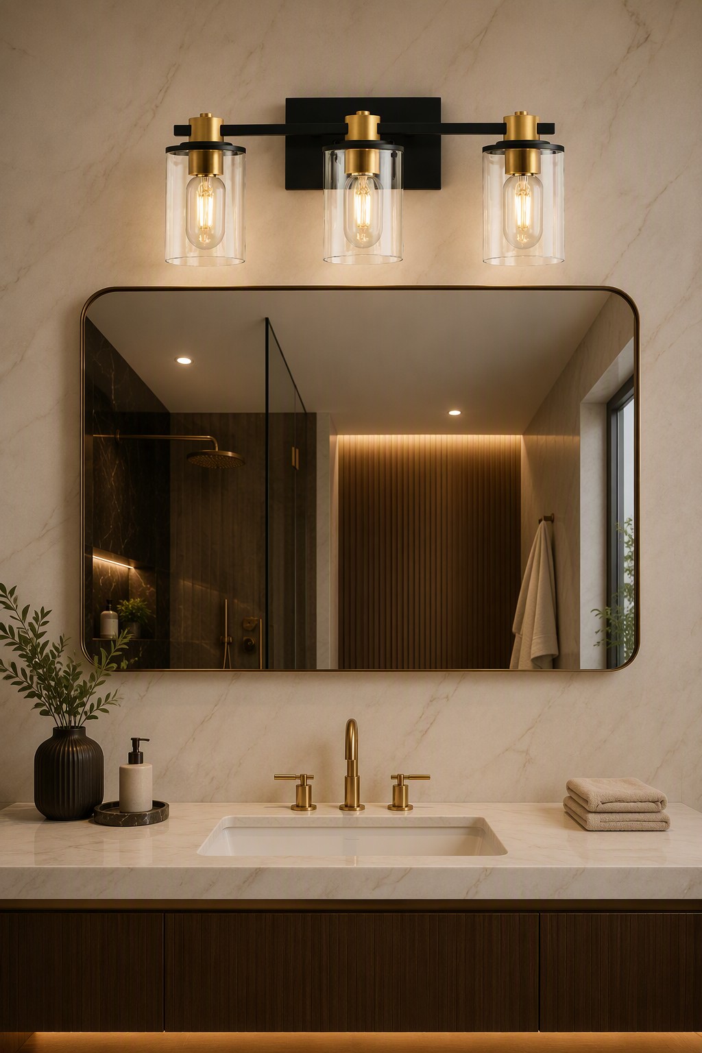 Modern 3-Light Black & Brass Glass Wall Lamp | Contemporary Vanity Sconce – General Wall Lamps (view 5)