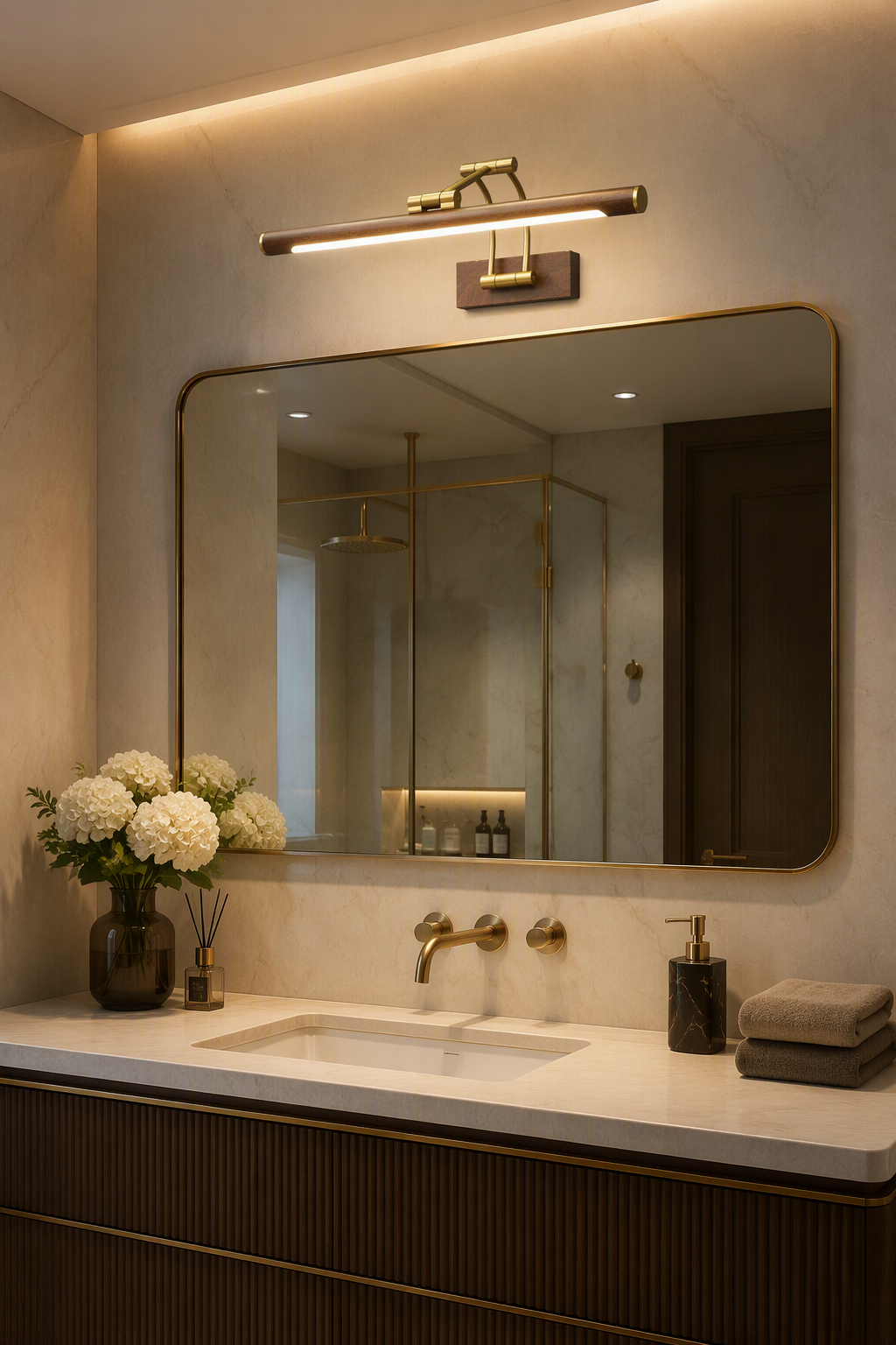 Modern Walnut Wood LED Vanity Mirror Light | Luxury Brass Linear Wall Lamp for Bathroom & Bedroom – Modern LED Mirror Lights