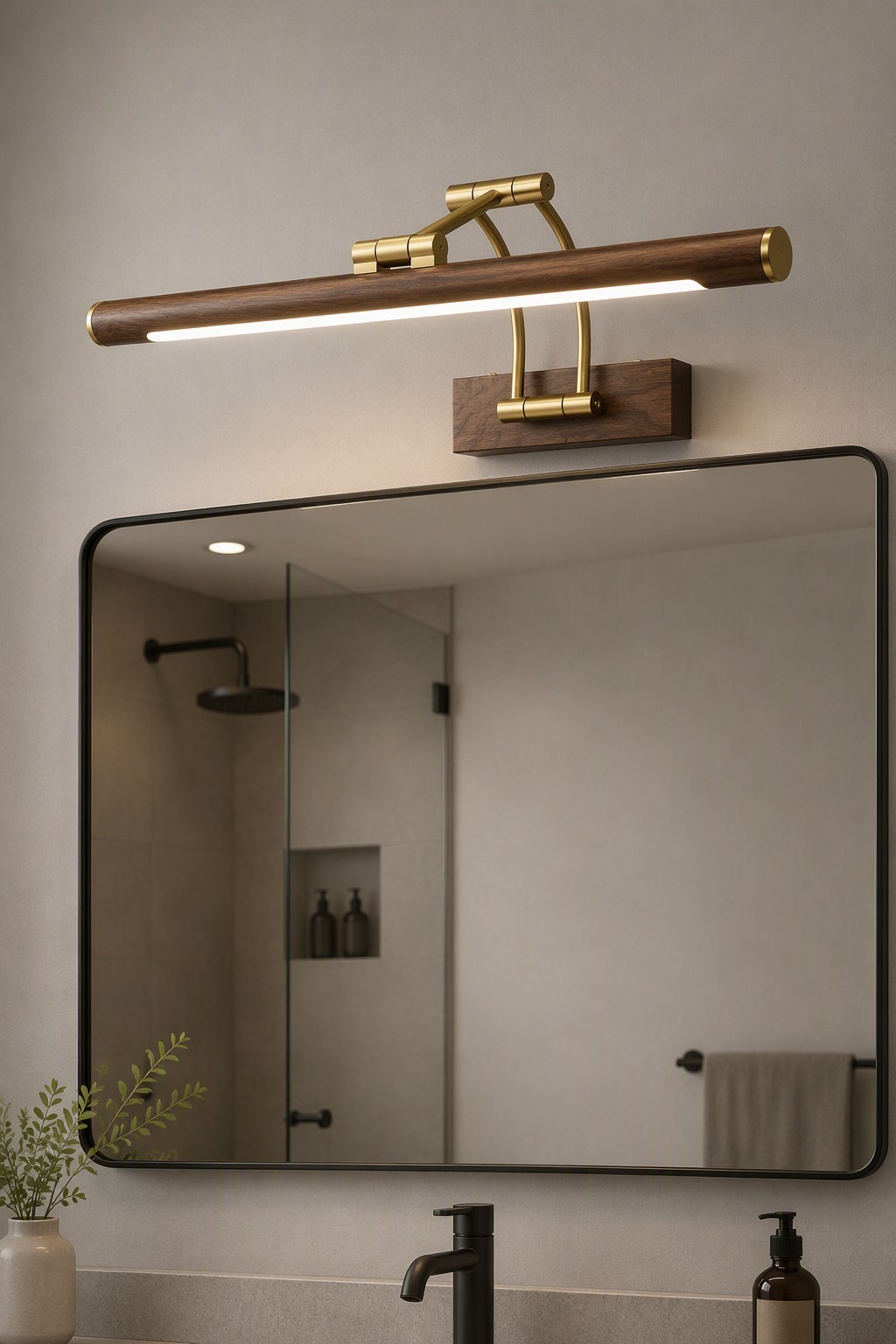 Modern Walnut Wood LED Vanity Mirror Light | Luxury Brass Linear Wall Lamp for Bathroom & Bedroom – Modern LED Mirror Lights (view 2)