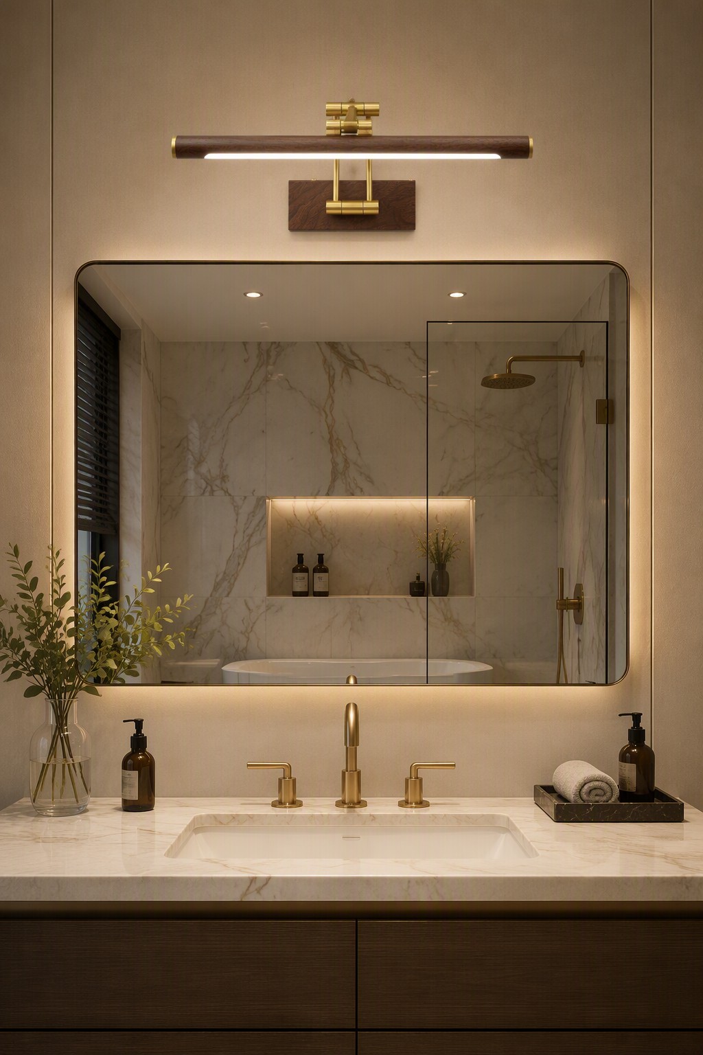 Modern Walnut Wood LED Vanity Mirror Light | Luxury Brass Linear Wall Lamp for Bathroom & Bedroom – Modern LED Mirror Lights (view 3)