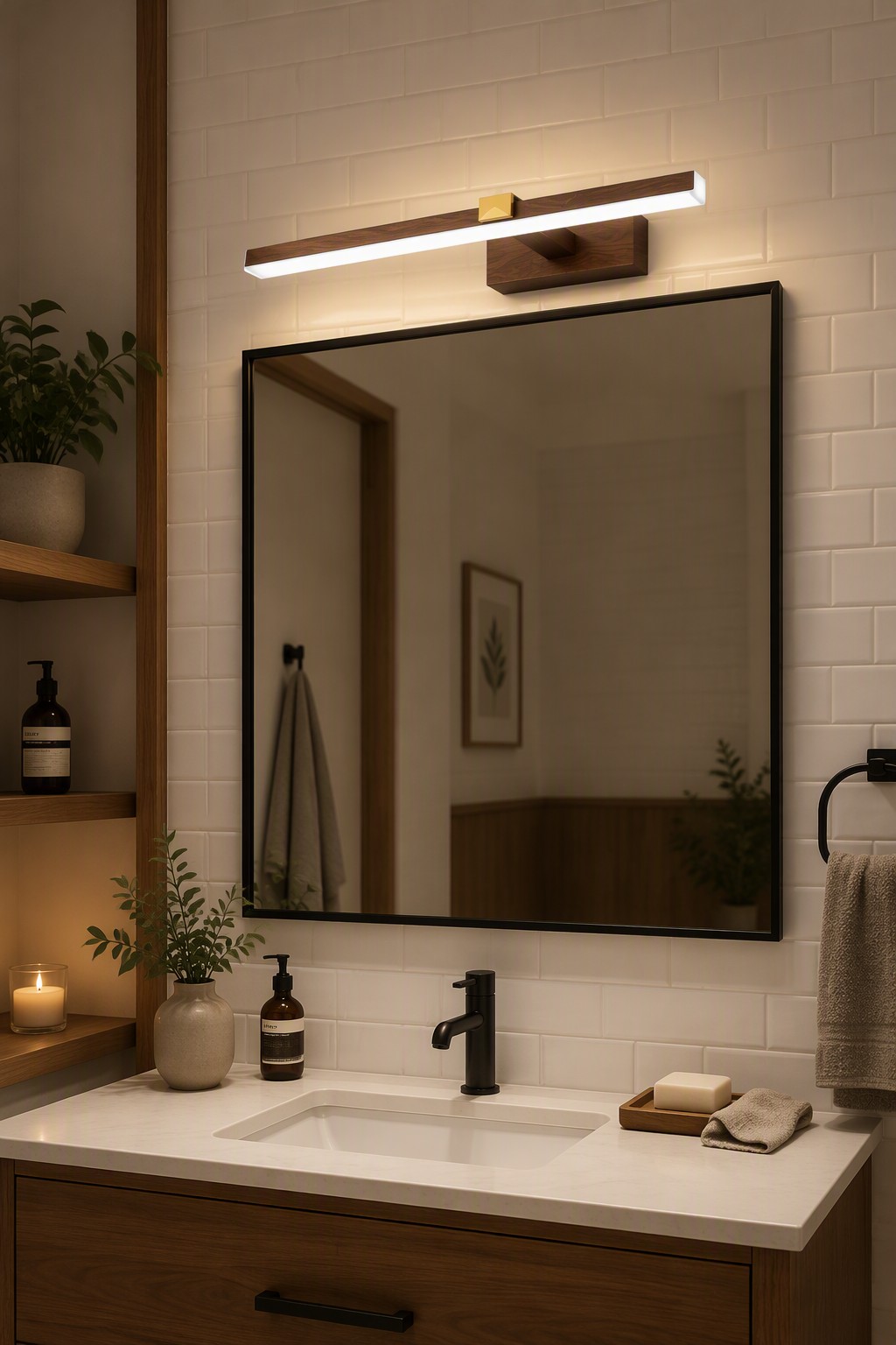 Modern Wood Finish LED Bathroom Mirror Light | Minimalist Linear Vanity Wall Lamp – Modern LED Mirror Lights