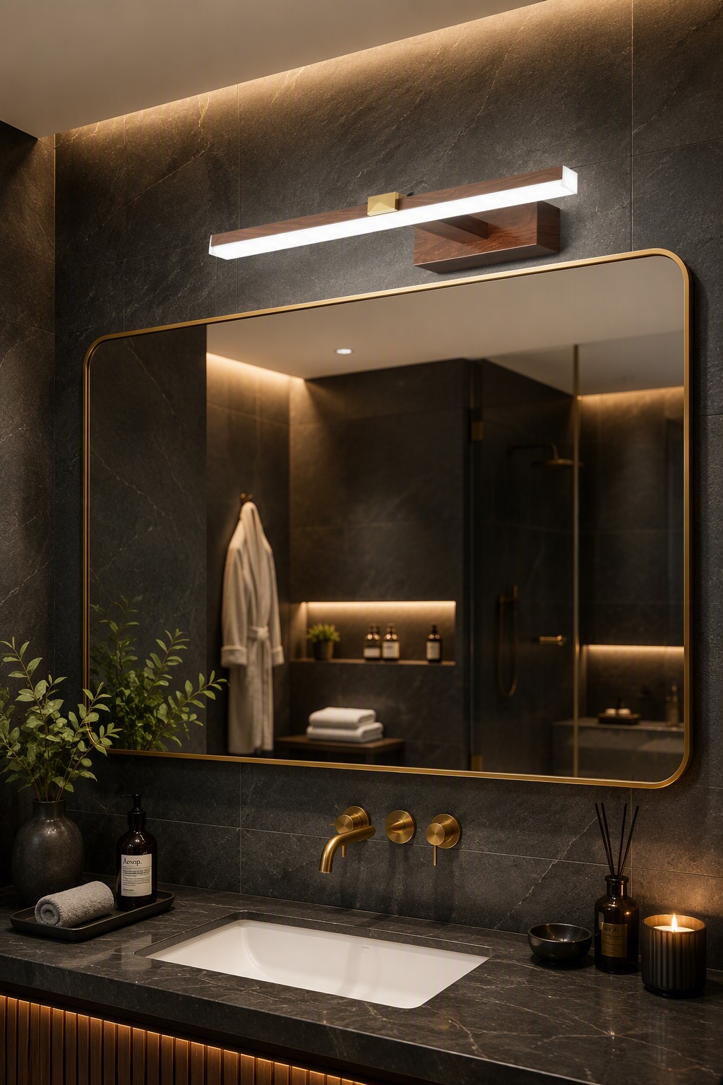 Modern Wood Finish LED Bathroom Mirror Light | Minimalist Linear Vanity Wall Lamp – Modern LED Mirror Lights (view 3)