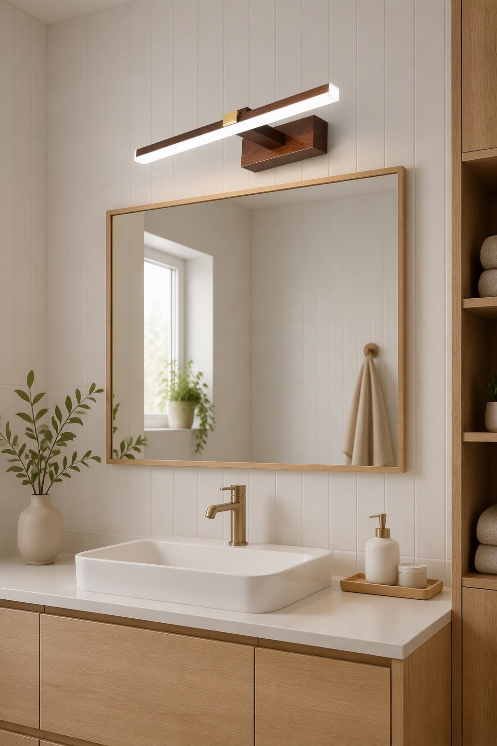 Modern Wood Finish LED Bathroom Mirror Light | Minimalist Linear Vanity Wall Lamp – Modern LED Mirror Lights (view 5)