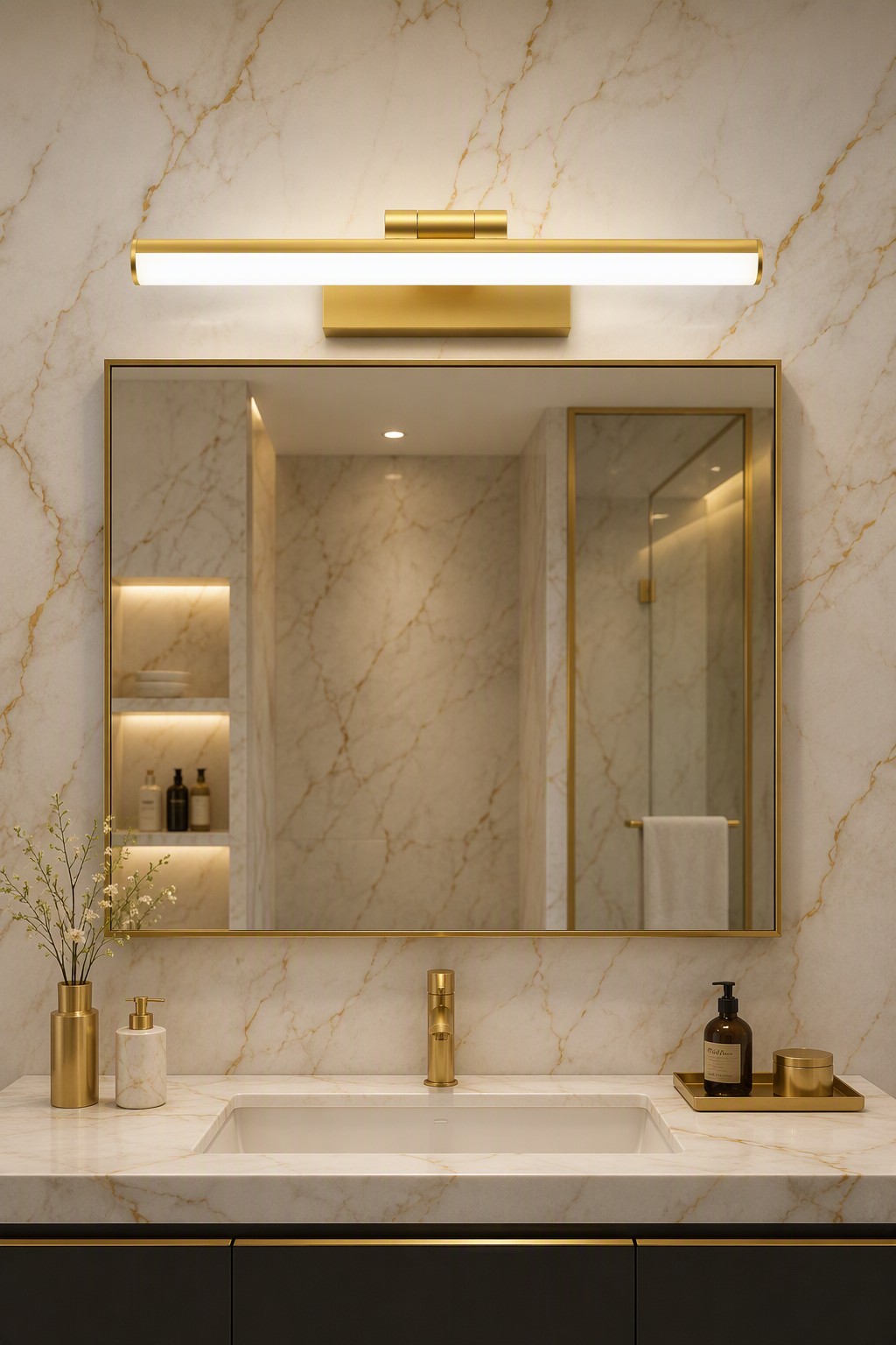Modern Linear LED Mirror Front Light with Rectangular Base and Circular End Caps – Brass & Luxury Vanity Lights