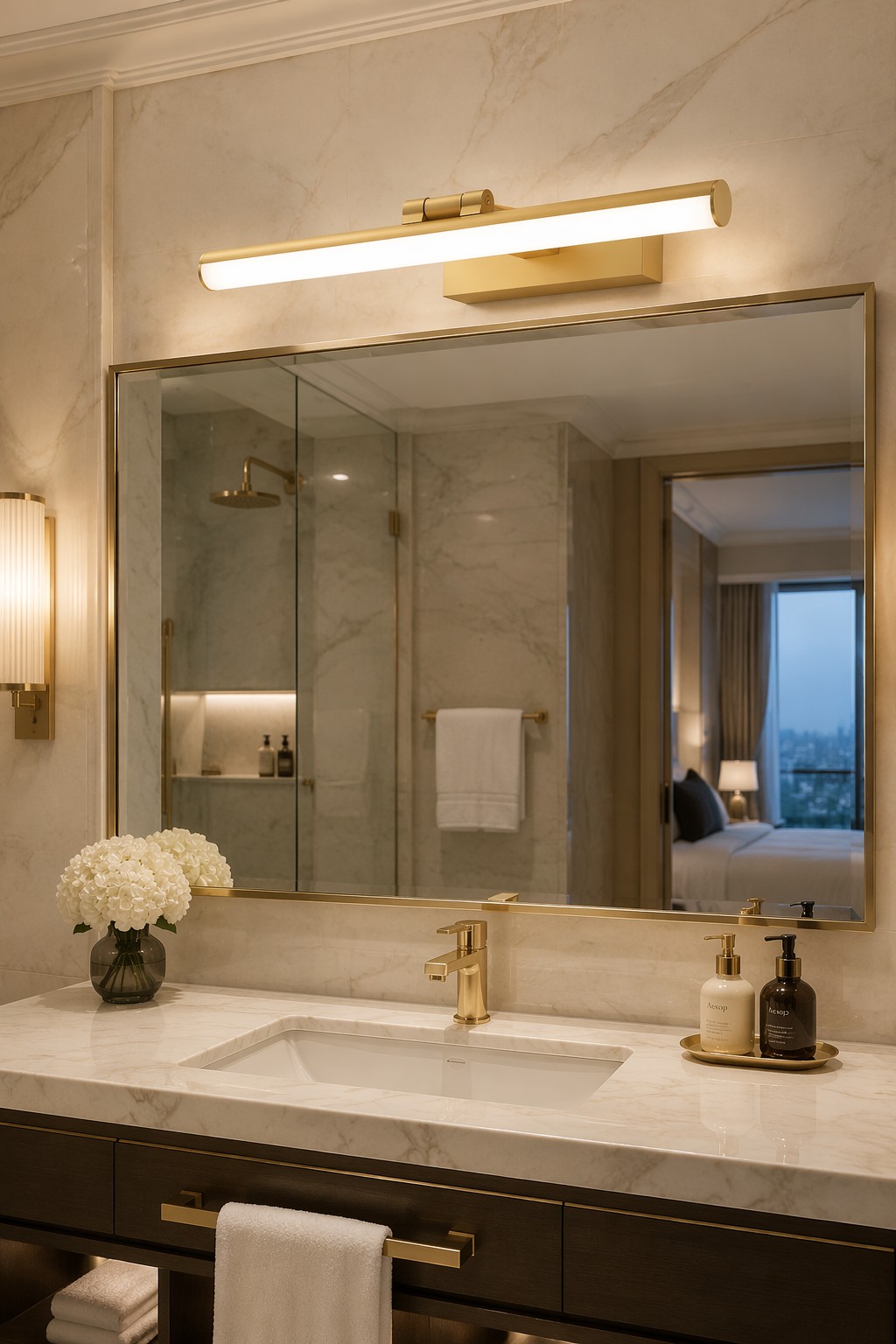 Modern Linear LED Mirror Front Light with Rectangular Base and Circular End Caps – Brass & Luxury Vanity Lights (view 2)