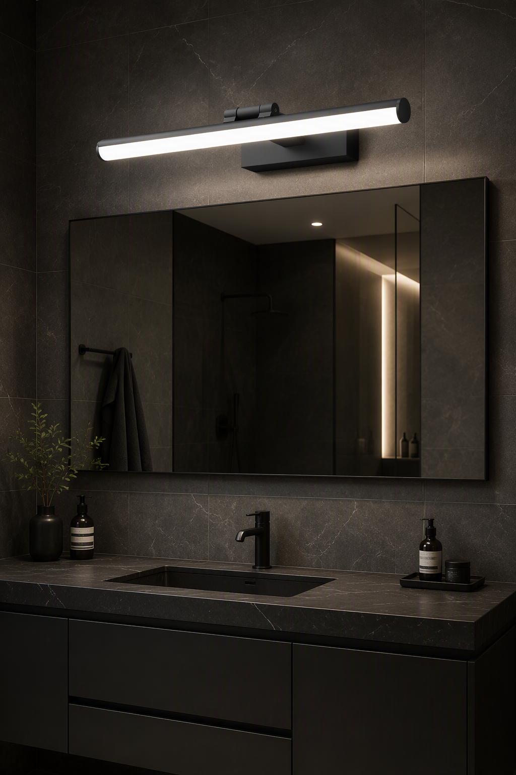 Modern Linear LED Mirror Front Light with Rectangular Base and Circular End Caps – Brass & Luxury Vanity Lights (view 4)