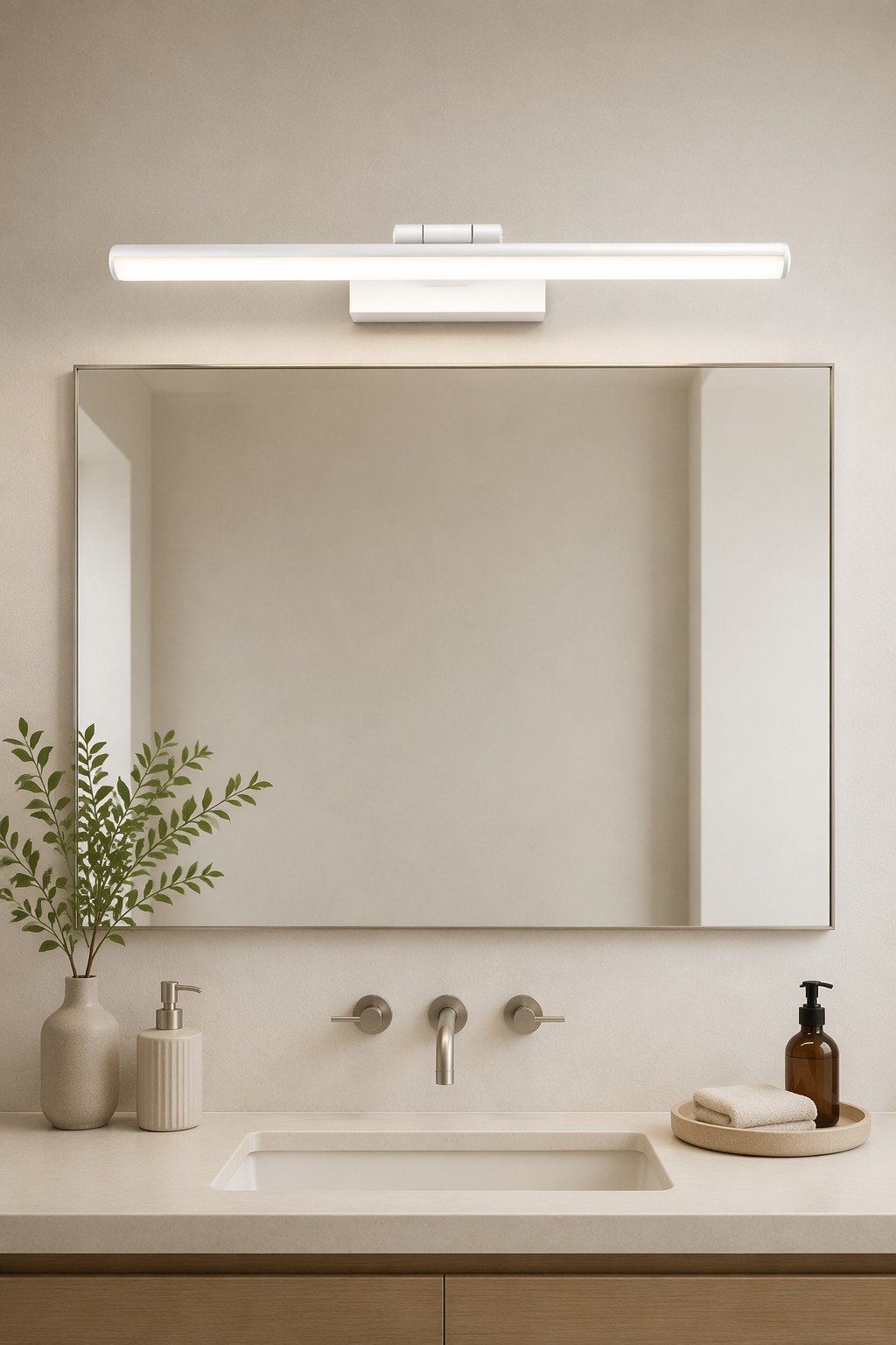 Modern Linear LED Mirror Front Light with Rectangular Base and Circular End Caps – Brass & Luxury Vanity Lights (view 5)