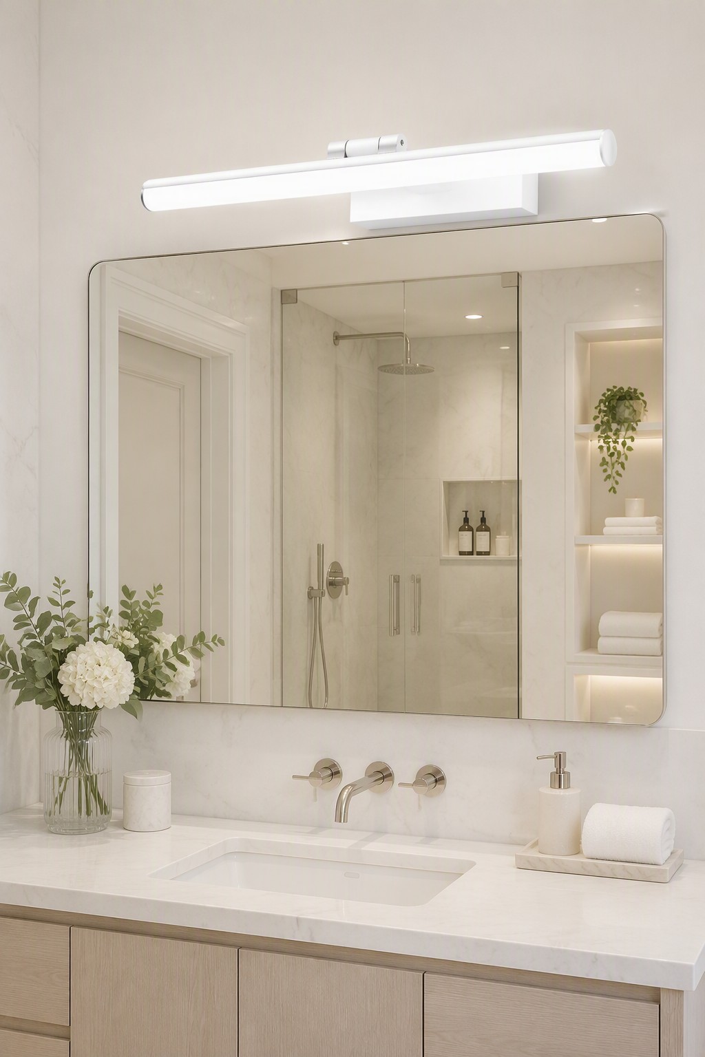 Modern Linear LED Mirror Front Light with Rectangular Base and Circular End Caps – Brass & Luxury Vanity Lights (view 6)