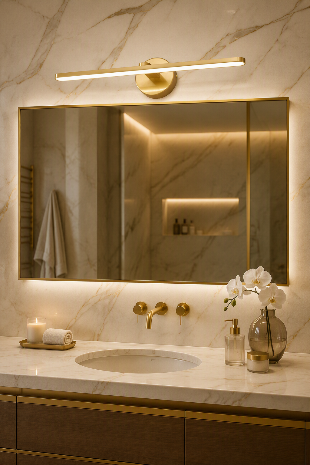 Luxury Minimalist Round Base LED Mirror Front Lamp with Gold Finish – Brass & Luxury Vanity Lights