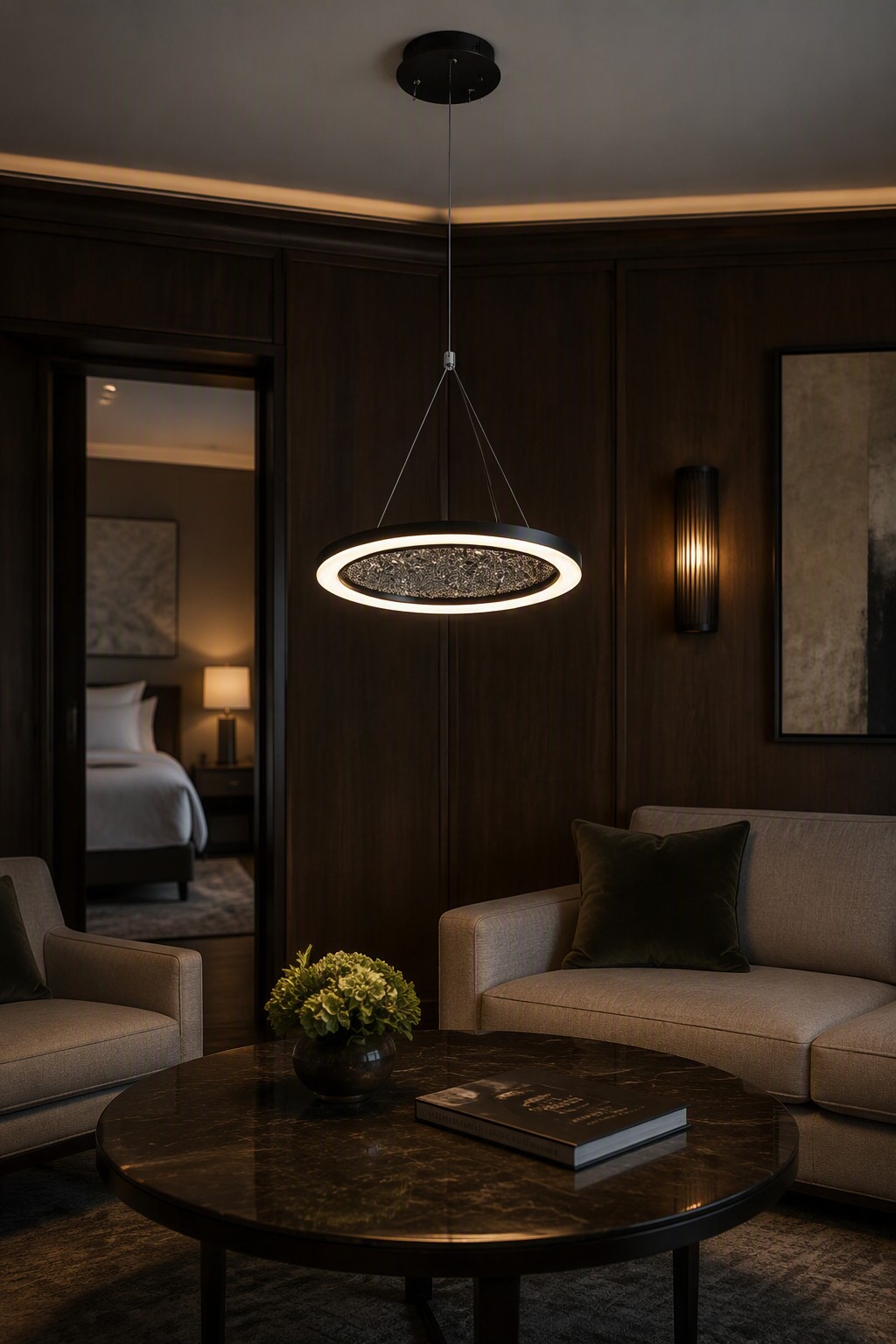 Luxury Minimalist LED Ring Pendant Light with Premium Crushed Crystal Inlay – Single Pendant (view 2)