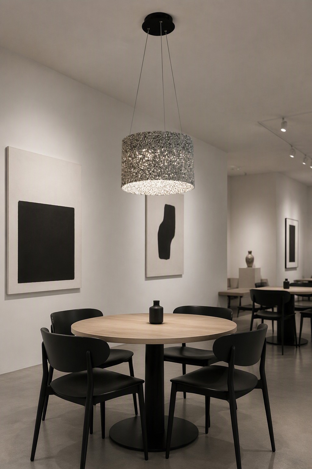 Modern Architectural Drum LED Pendant Lamp with Shimmering Crystal Diffuser – Single Pendant