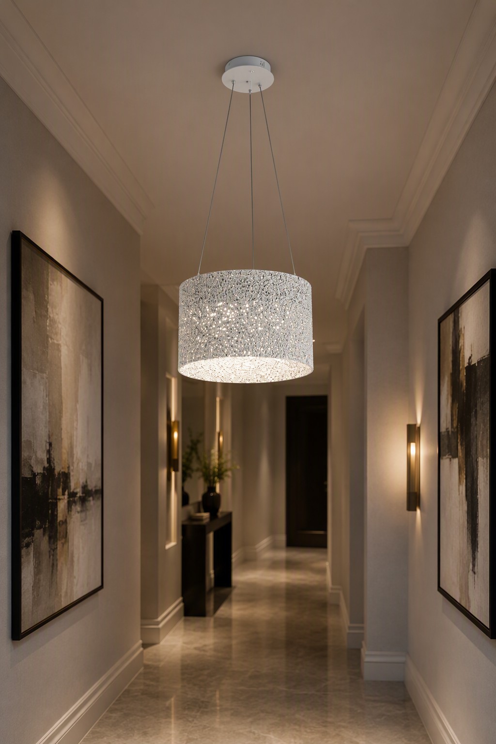 Modern Architectural Drum LED Pendant Lamp with Shimmering Crystal Diffuser – Single Pendant (view 4)