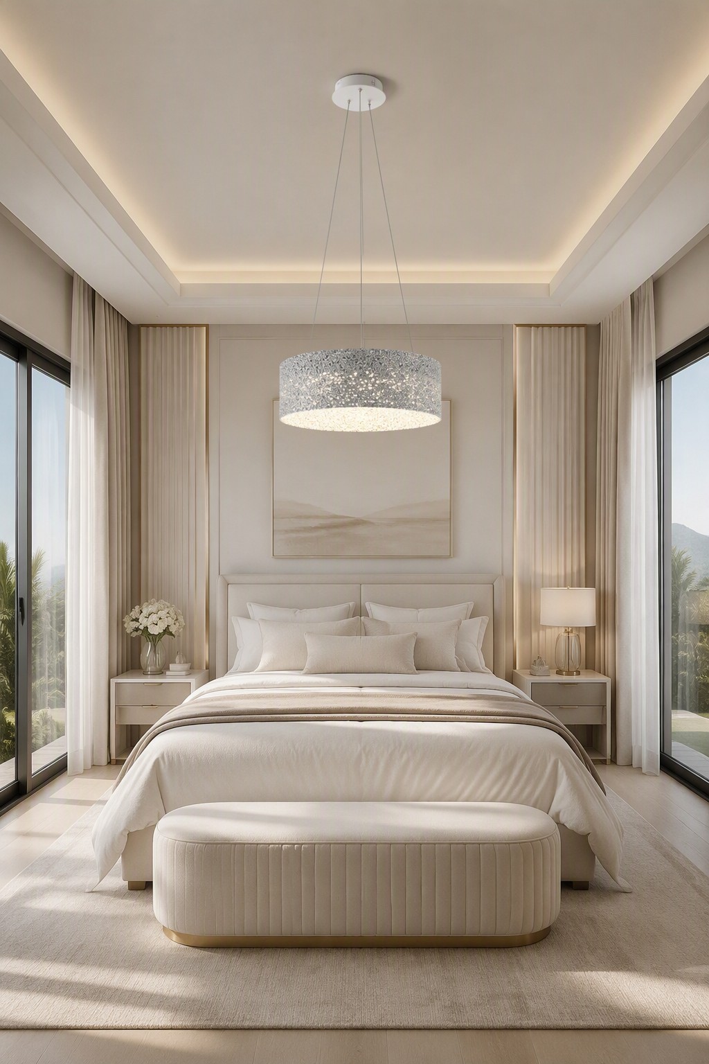Modern Architectural Drum LED Pendant Lamp with Shimmering Crystal Diffuser – Single Pendant (view 2)