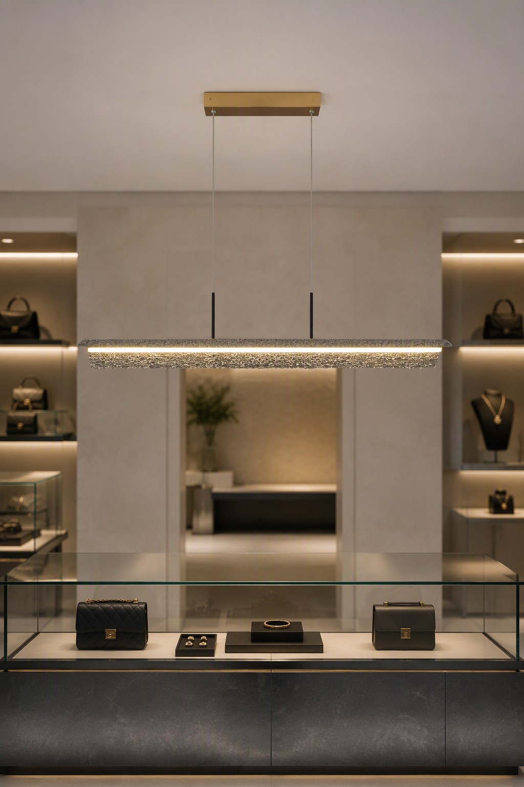 Modern Geometric LED Linear Chandelier with Crushed Crystal Bar and Rectangular Base – Crystal Chandeliers