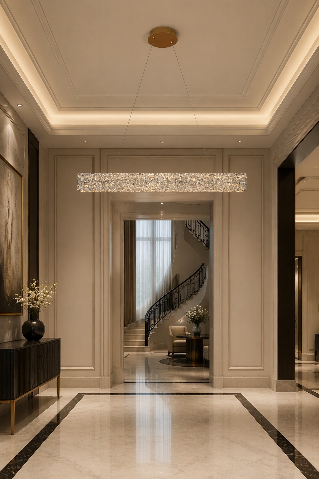 Grand 1000mm LED Linear Chandelier with Round Canopy and V-Wire Suspension – Crystal Chandeliers (view 3)