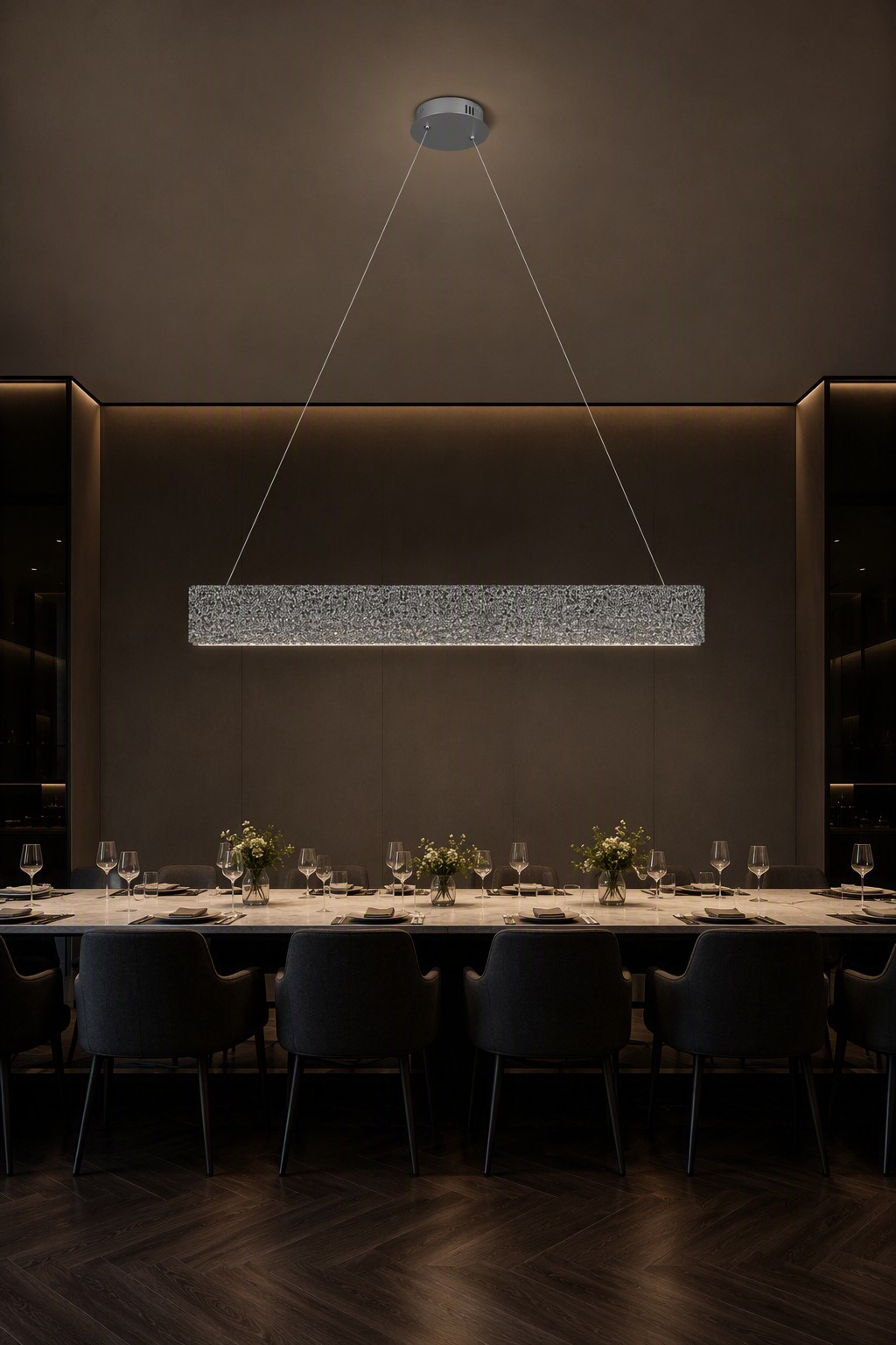 Grand 1000mm LED Linear Chandelier with Round Canopy and V-Wire Suspension – Crystal Chandeliers (view 5)