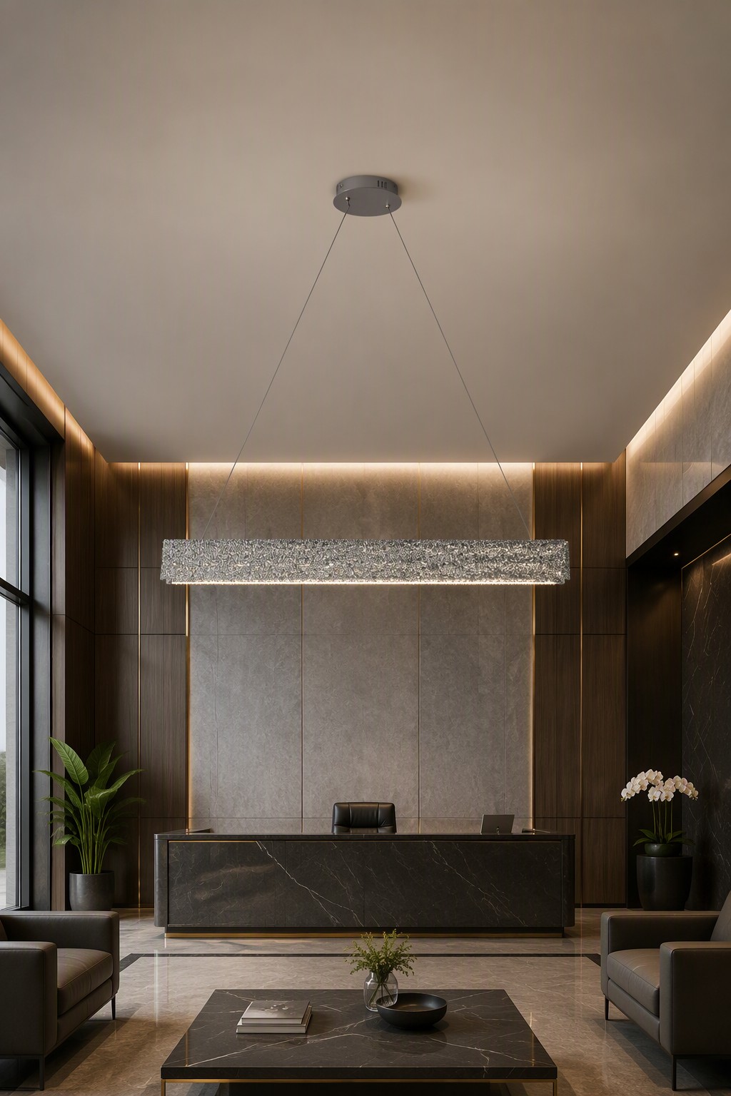 Grand 1000mm LED Linear Chandelier with Round Canopy and V-Wire Suspension – Crystal Chandeliers (view 4)