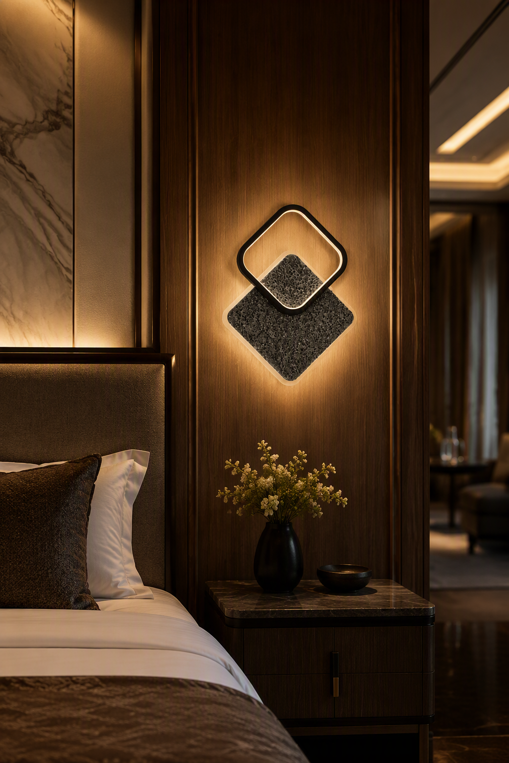 Interlaced Geometric Square LED Wall Lamp - Modern Volcanic Stone Accent Light for Offices & Hotel Suites – Decorative Wall Lamps (view 2)