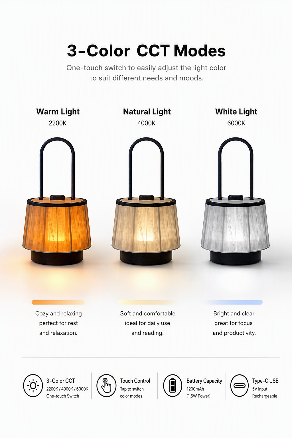 Modern Chiffon Basket Rechargeable LED Table Lamp with 3-Color CCT & Portable Iron Handle – Modern Minimalist Table Lamps (view 5)