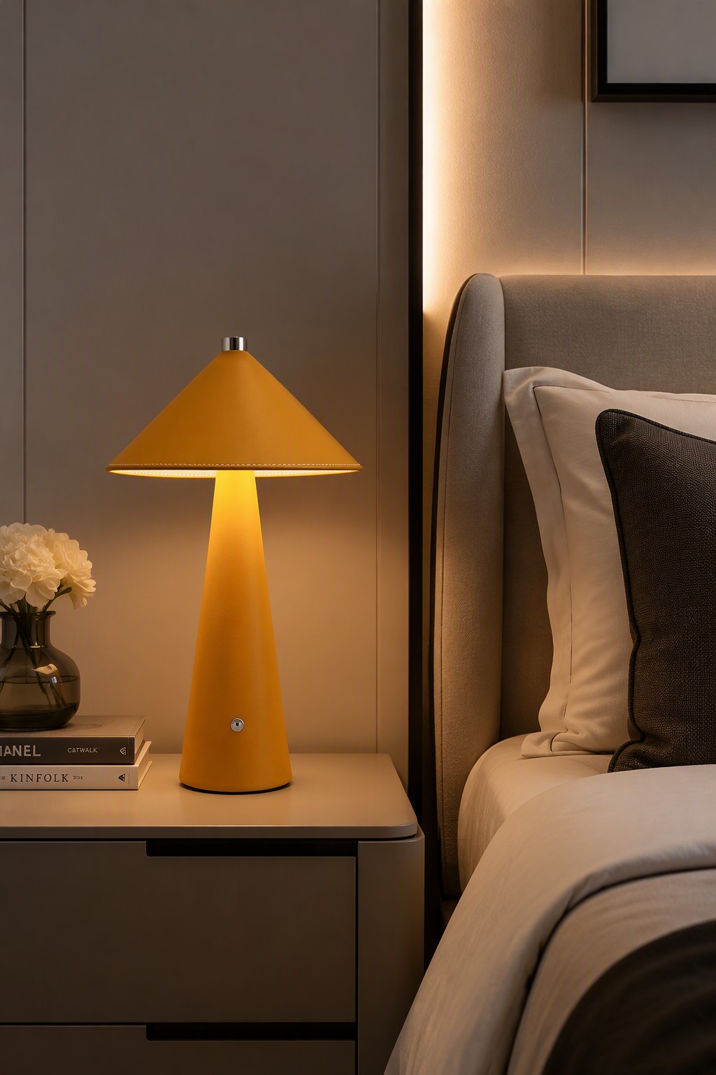 Nordic Luxury Leather-Wrapped Conical Rechargeable LED Table Lamp with 3-Color CCT - – Decorative Table Lamps