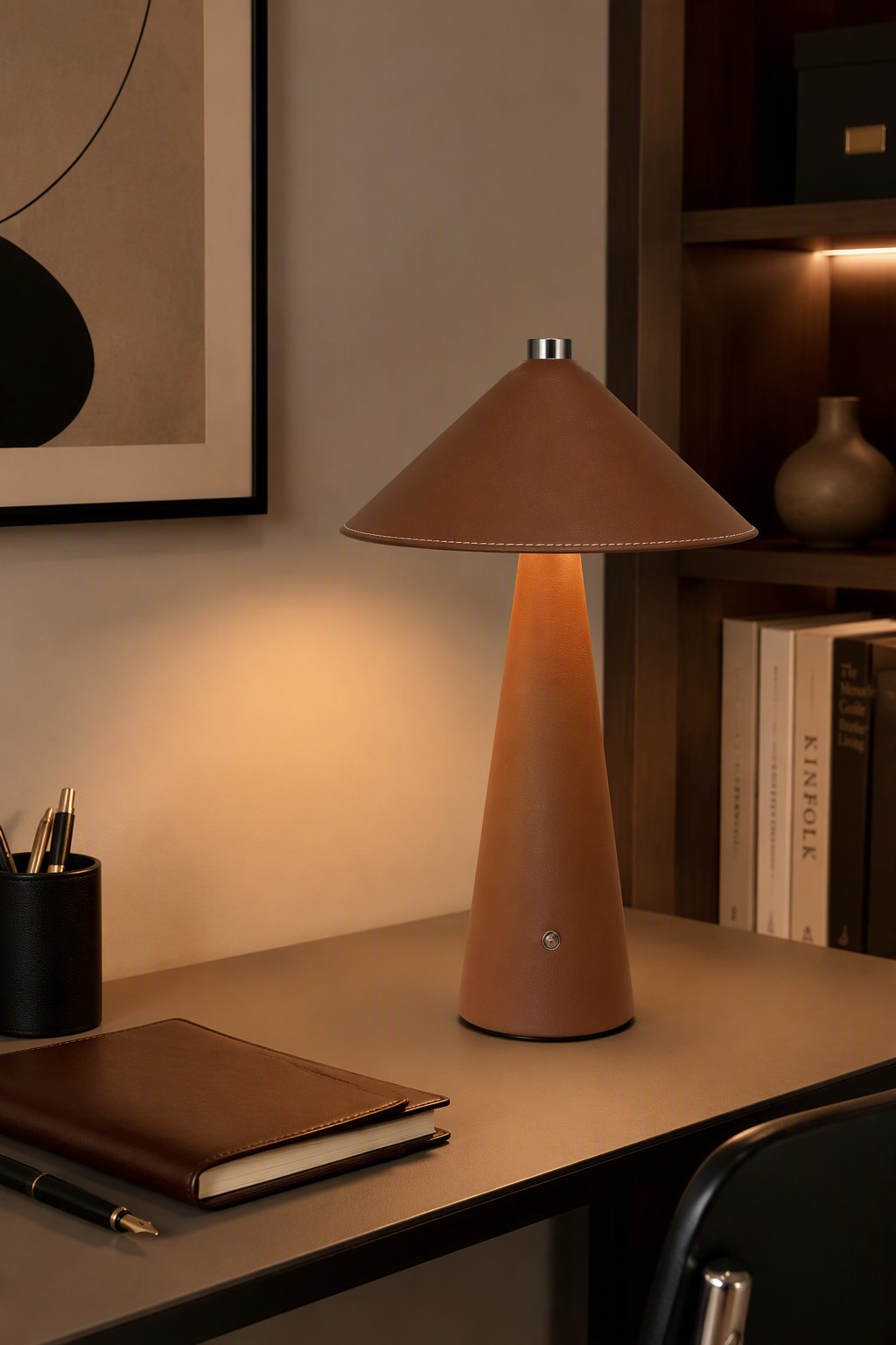 Nordic Luxury Leather-Wrapped Conical Rechargeable LED Table Lamp with 3-Color CCT - – Decorative Table Lamps (view 2)