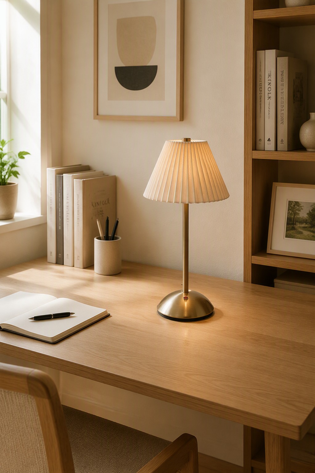 Factory Direct Nordic Pleated Fabric Rechargeable LED Table Lamp with Brass Hardware – Modern Minimalist Table Lamps