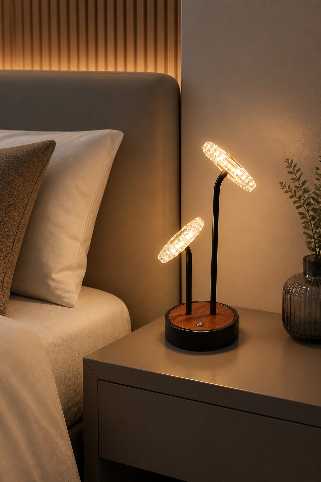 Factory Direct Artistic Lotus Flower Rechargeable LED Table Lamp with Double Heads & Wood Grain Base – Decorative Table Lamps (view 2)