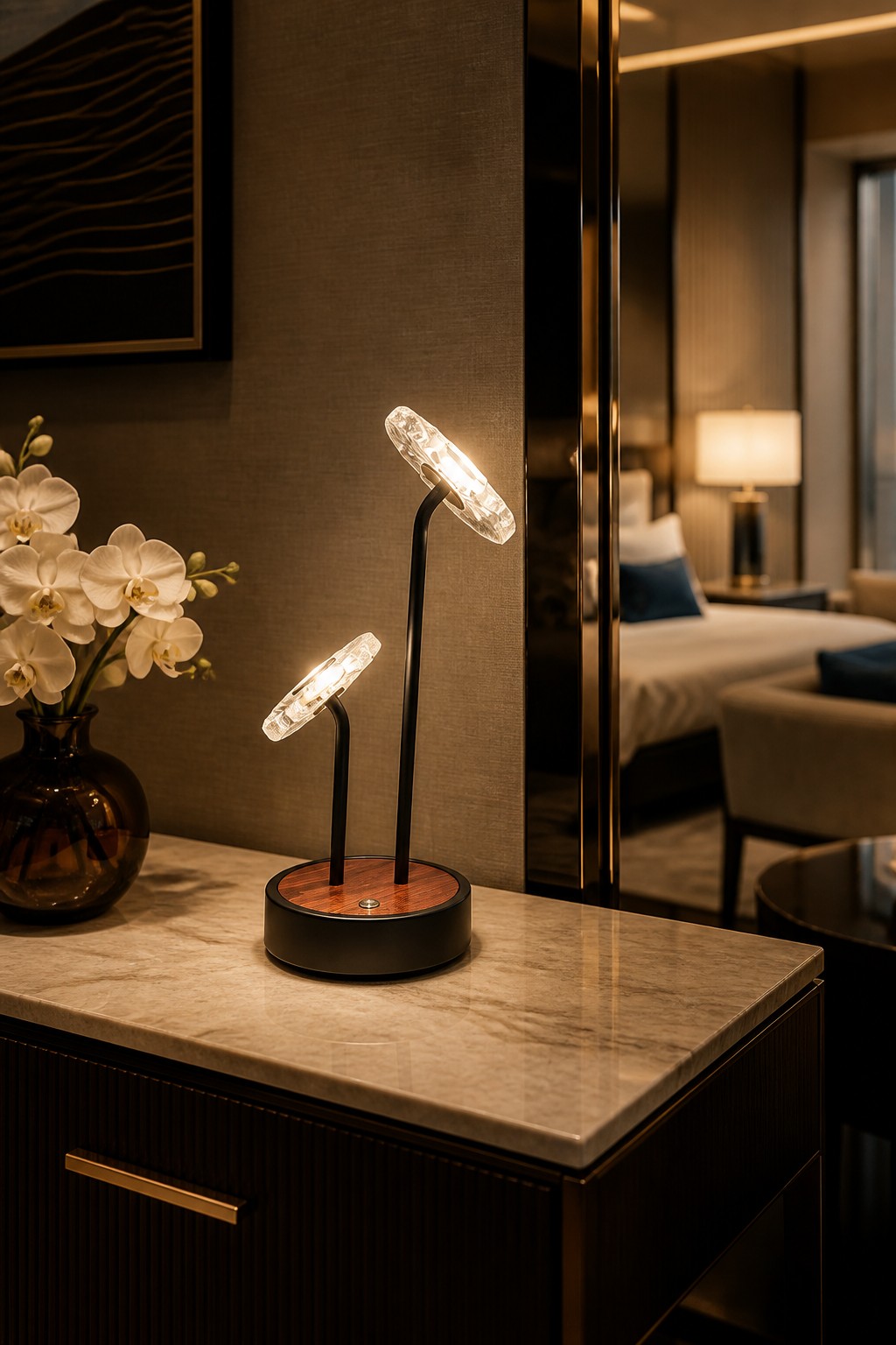 Factory Direct Artistic Lotus Flower Rechargeable LED Table Lamp with Double Heads & Wood Grain Base – Decorative Table Lamps (view 3)