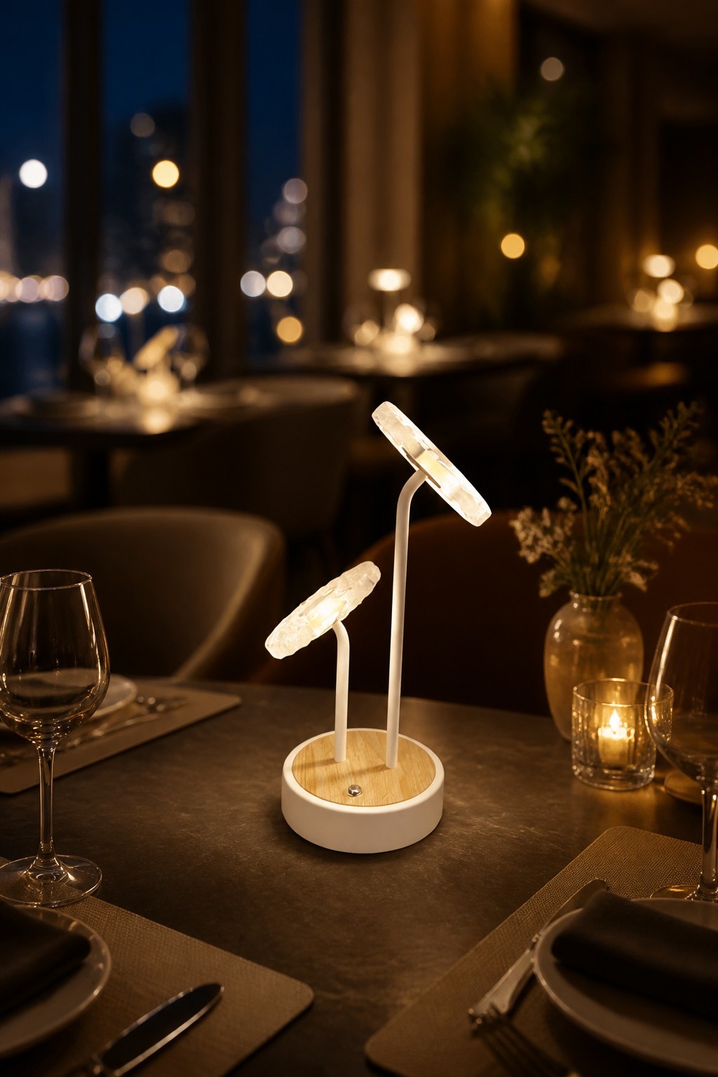 Factory Direct Artistic Lotus Flower Rechargeable LED Table Lamp with Double Heads & Wood Grain Base – Decorative Table Lamps (view 4)
